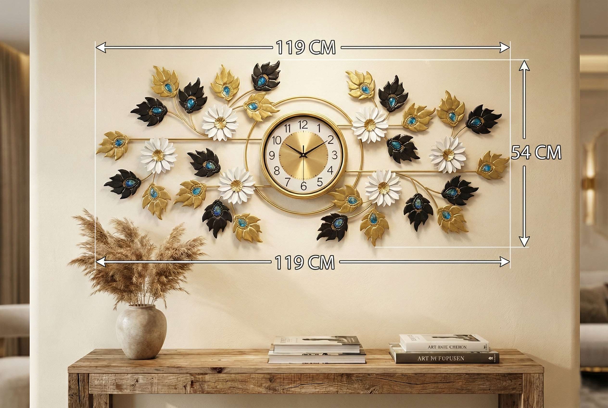 Size measurement diagram showing 119cm width and 54cm height of the large iron wall clock