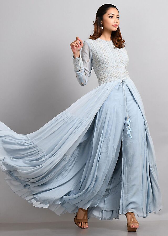 Sky Blue Anarkali Suit With Center Slit Thread Embroidery - Adiba Fashion