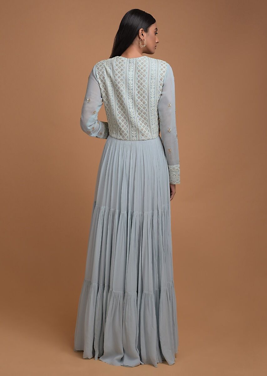 Sky Blue Anarkali Suit With Center Slit Thread Embroidery - Adiba Fashion