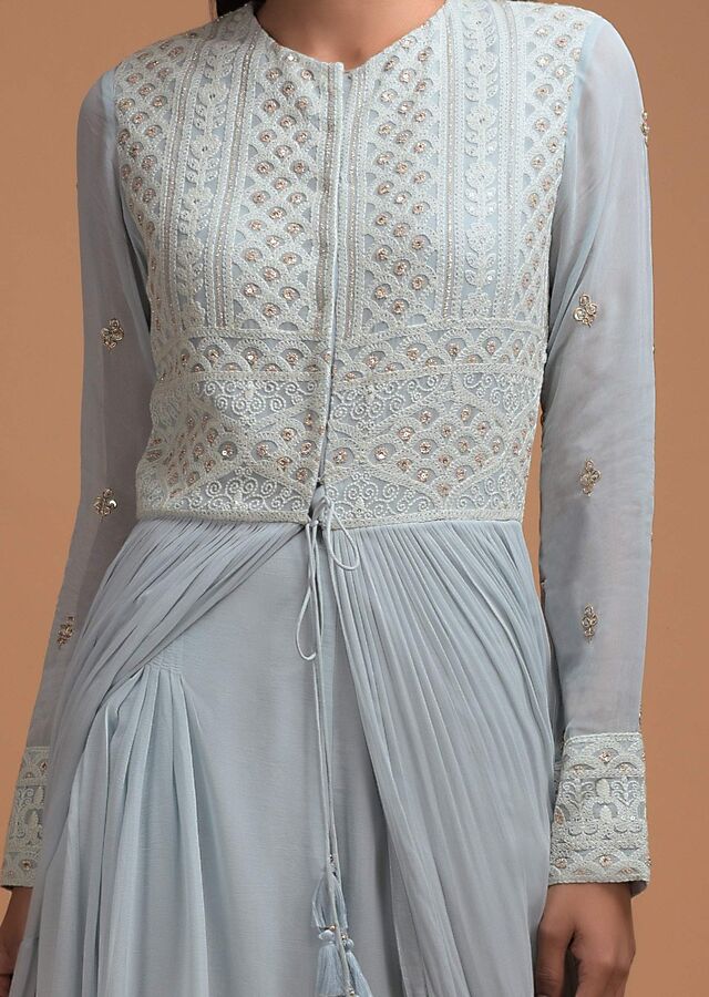 Sky Blue Anarkali Suit With Center Slit Thread Embroidery - Adiba Fashion