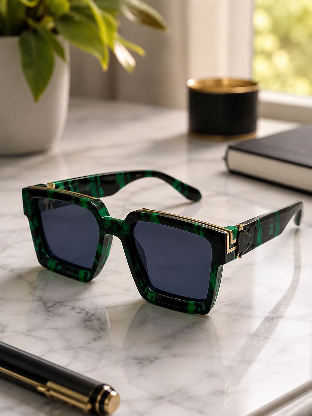 Square sunglasses with a green and black tortoiseshell patterned frame and dark blue lenses, resting on a white marble desk with a pen, notebook, and plant in the background.