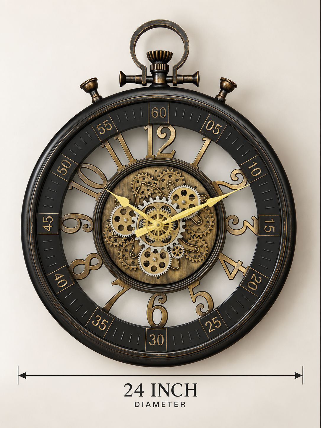 Steampunk-style wall clock with a large round black face, gold-tone numerals, visible internal gears, and a top hanging loop, shown on a light beige background with a 24 inch diameter measurement label below.