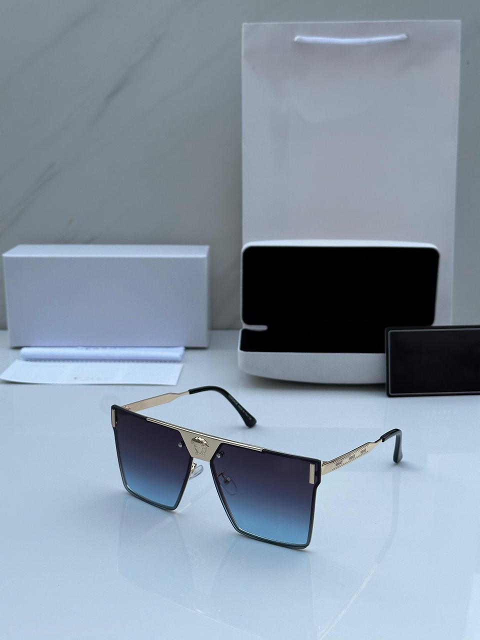 Stylish Dark Blue Gradient Square Goggles with Metal Frame