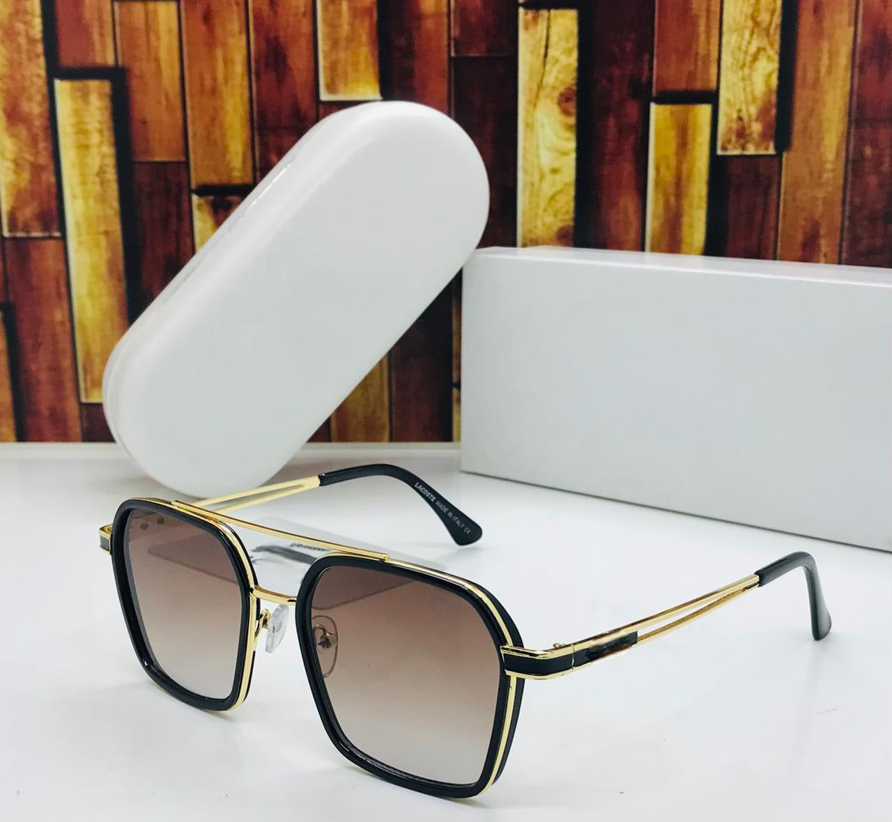Stylish Men's Square Aviator Sunglasses in Black and Gold metal frame with brown gradient lenses and protective hard case.