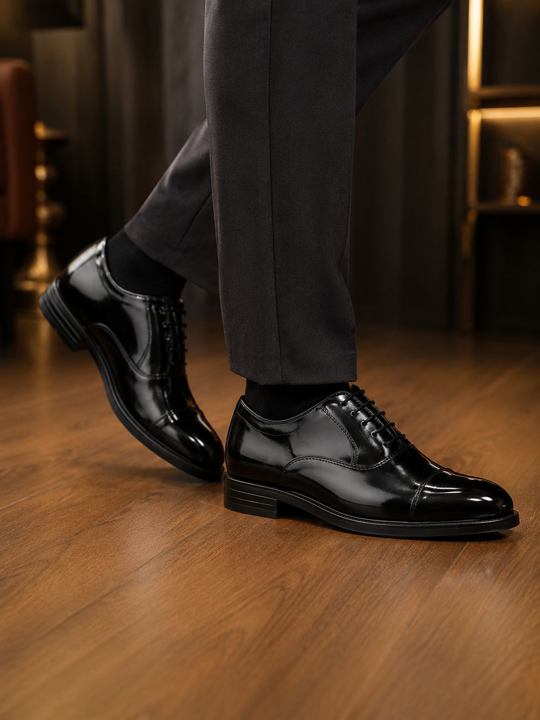 Stylish black cap-toe dress shoes for weddings and office wear
