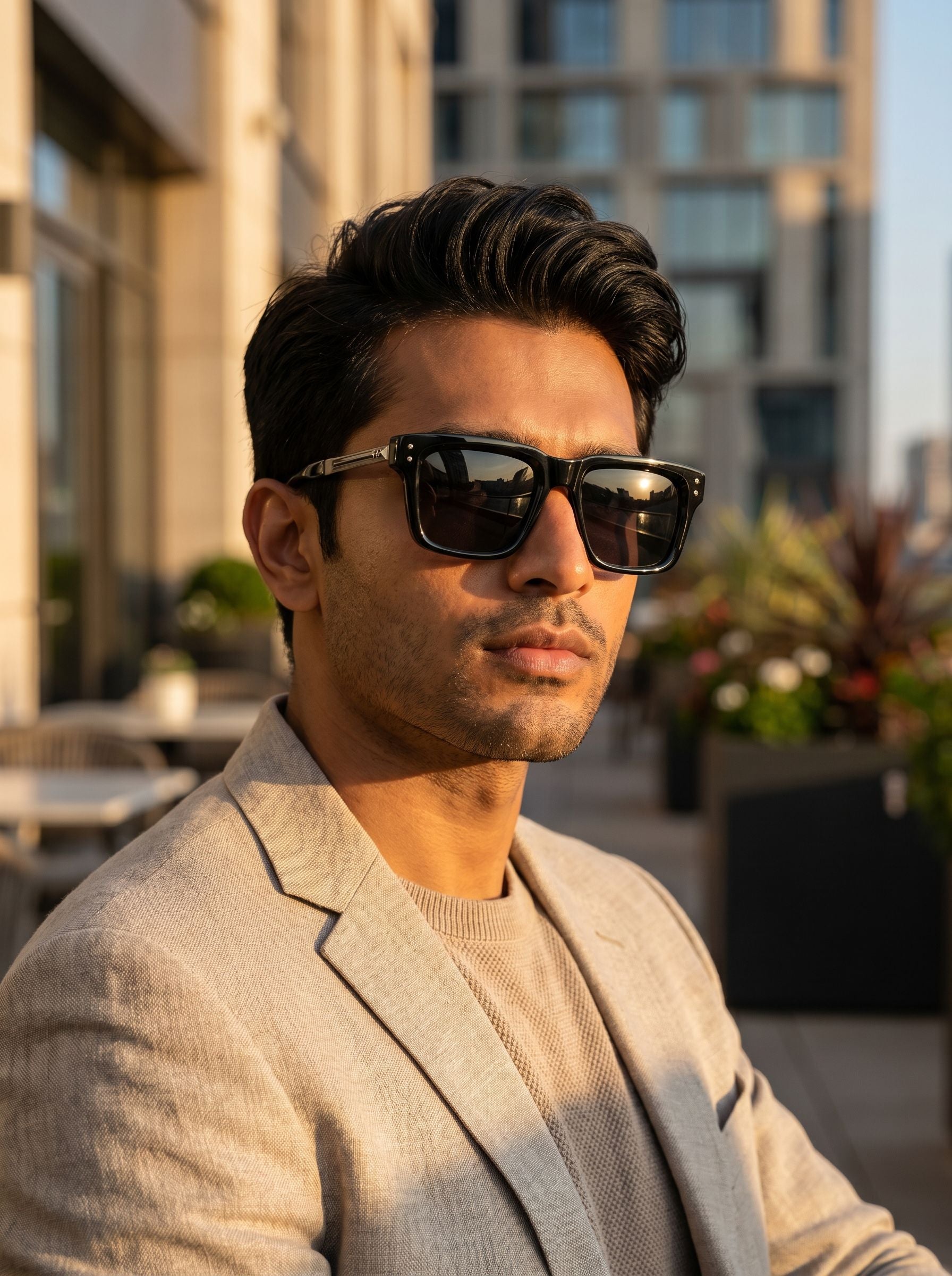 Stylish black square sunglasses worn by male model with modern luxury fashion look