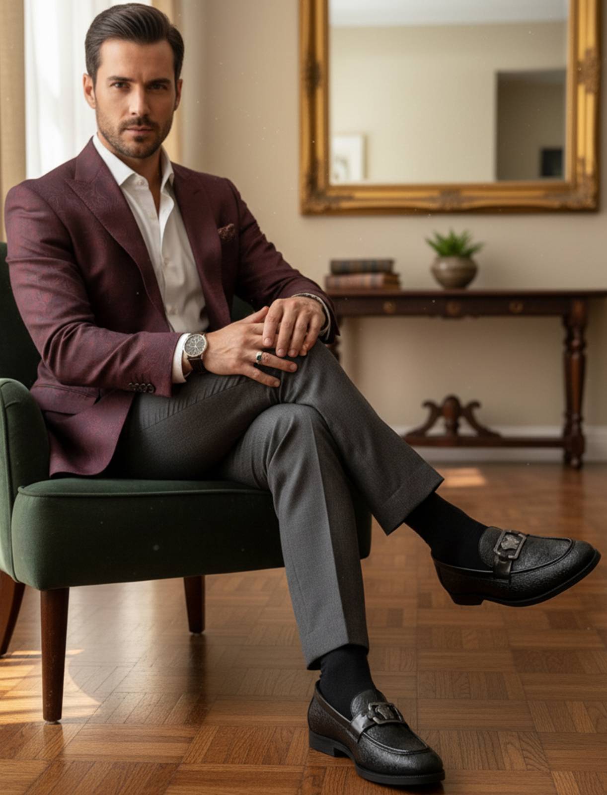 Stylish man wearing FunkyTradition Black loafers and formal trousers in a realistic setting.
