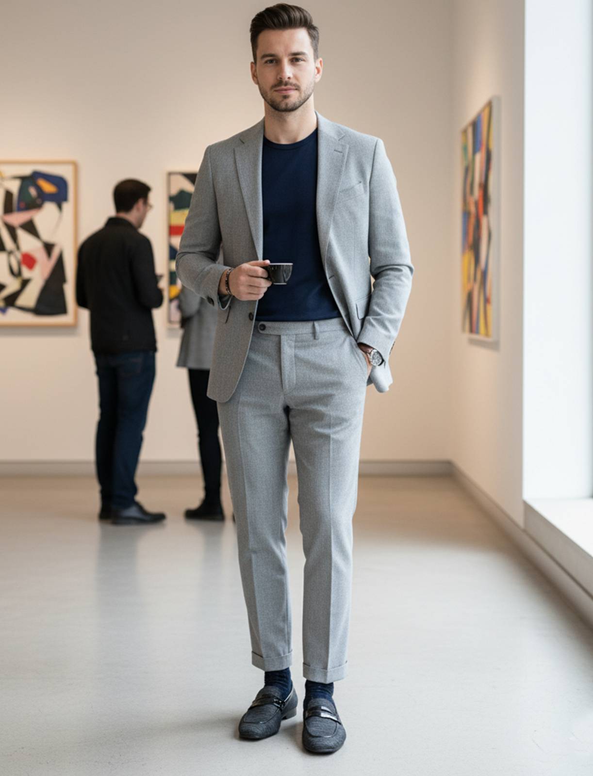 Stylish man wearing FunkyTradition Grey Loafers in a modern office setting, showcasing their elegance.