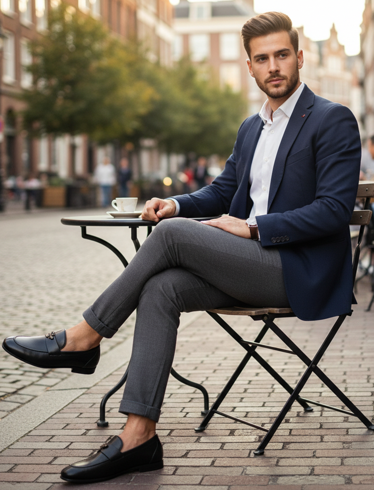 Stylish man wearing FunkyTradition black bee loafers with formal trousers in a cafe