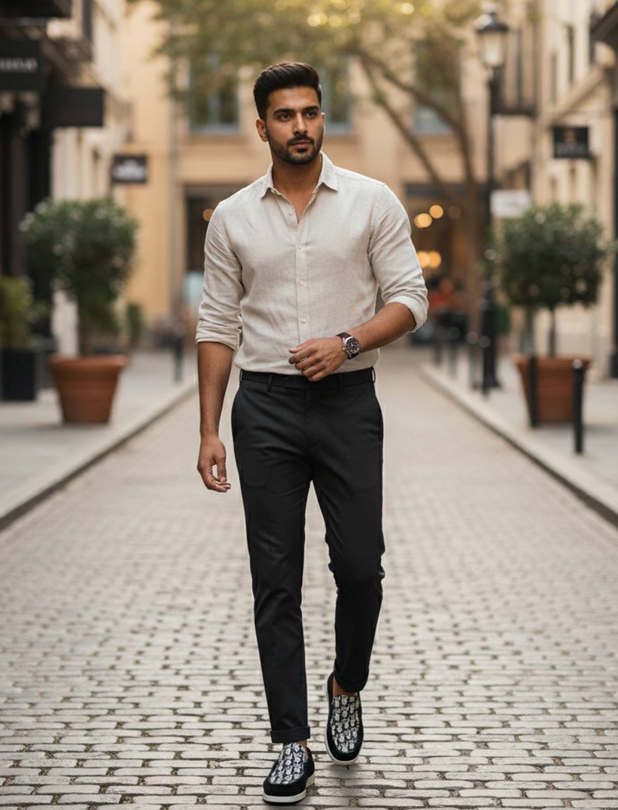 Stylish man wearing FunkyTradition black designer loafers in a realistic setting