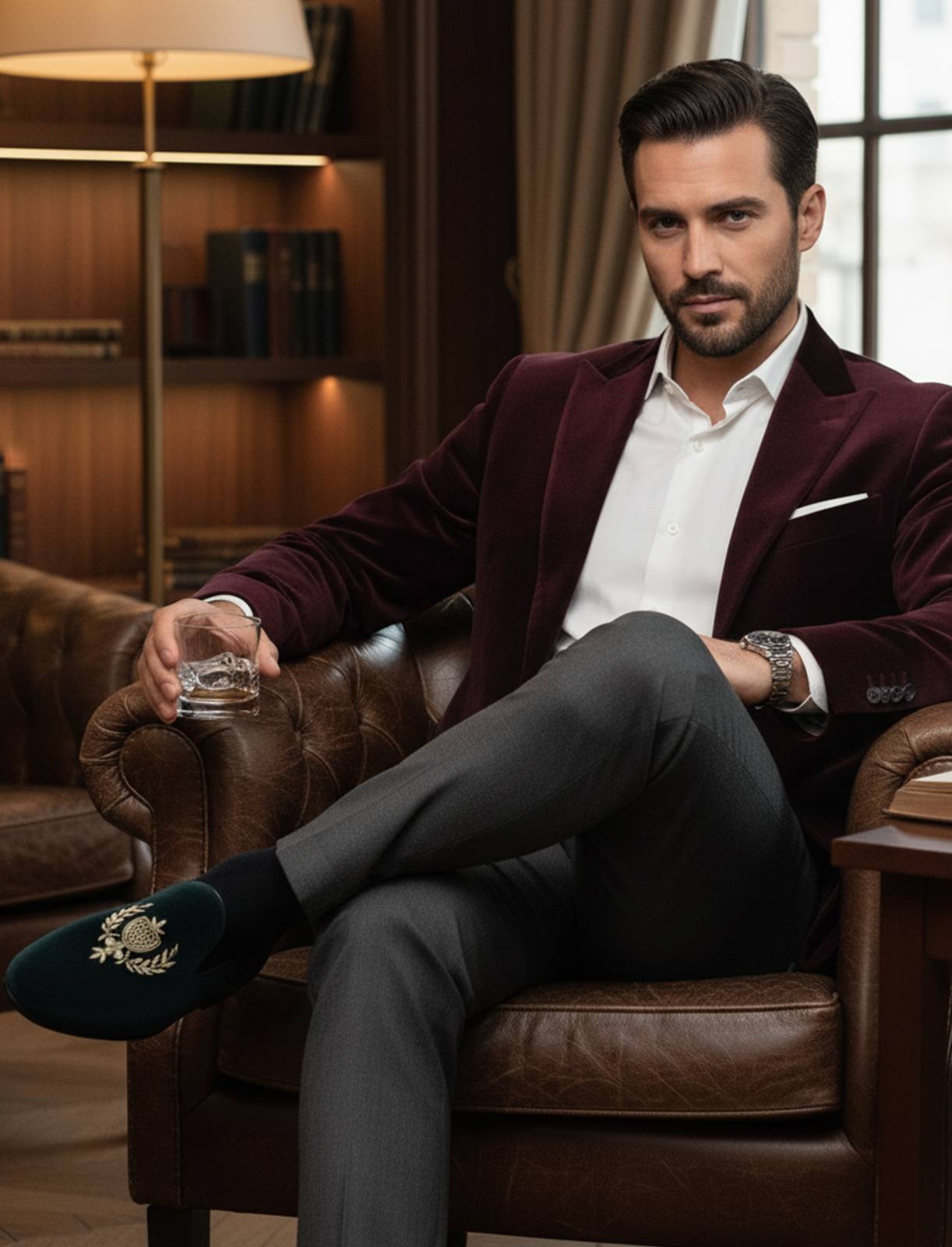 Stylish man wearing FunkyTradition dark greenish-blue loafers with black trousers in a modern setting.