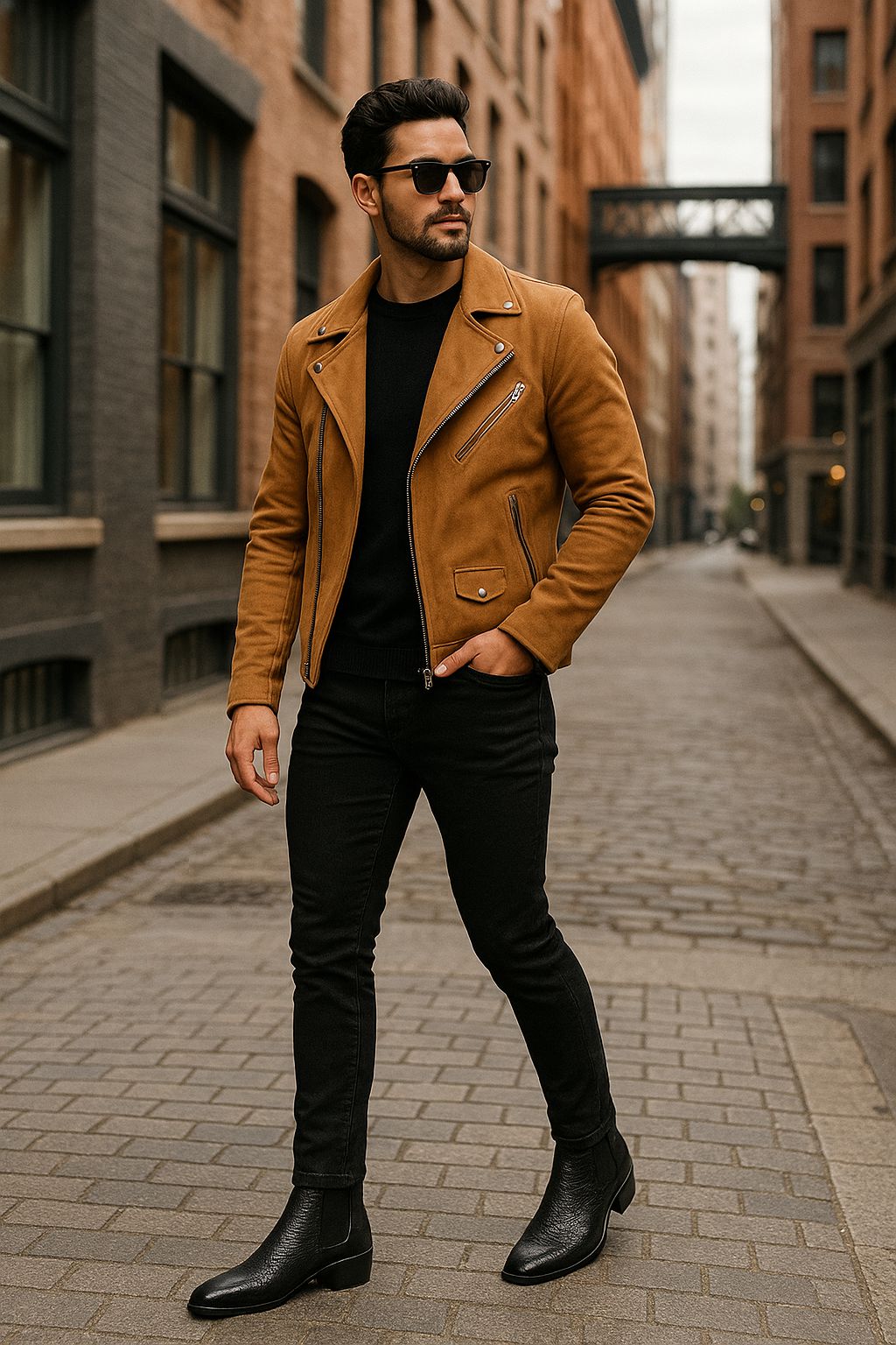 Stylish man wearing black Chelsea boots with coat and jeans on city street – FunkyTradition