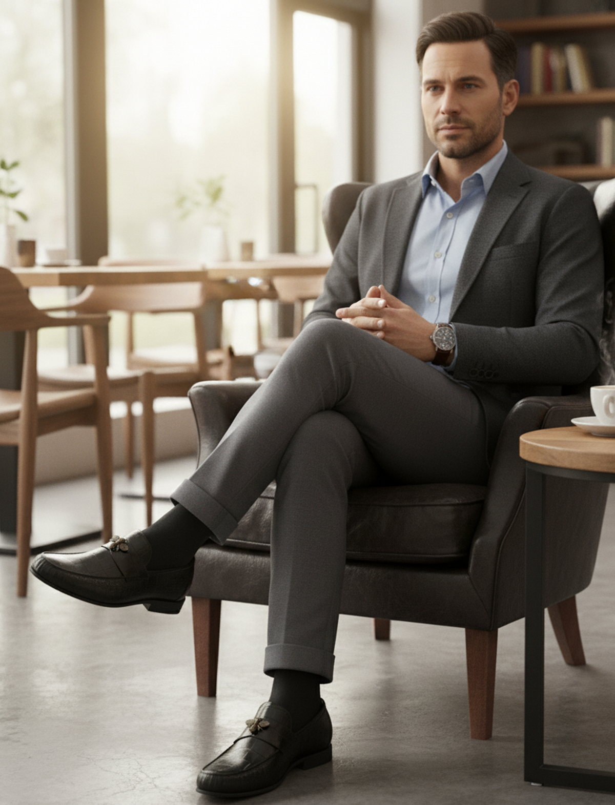 Stylish man wearing black crocodile-textured bee loafers with a grey suit in a modern, realistic setting.