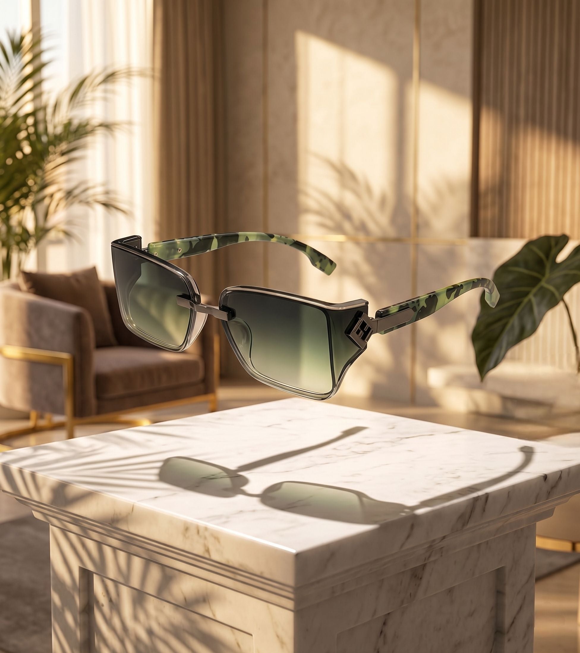 Sunglasses on a marble surface with a modern interior background