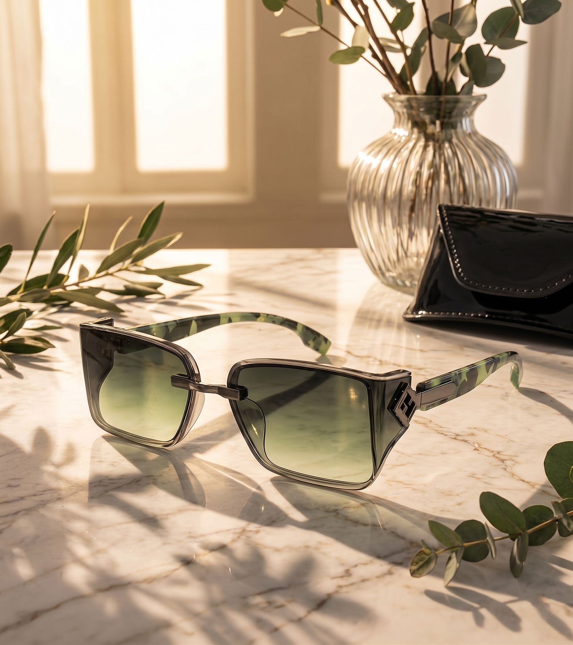 Sunglasses on a marble surface with a vase and leaves in the background