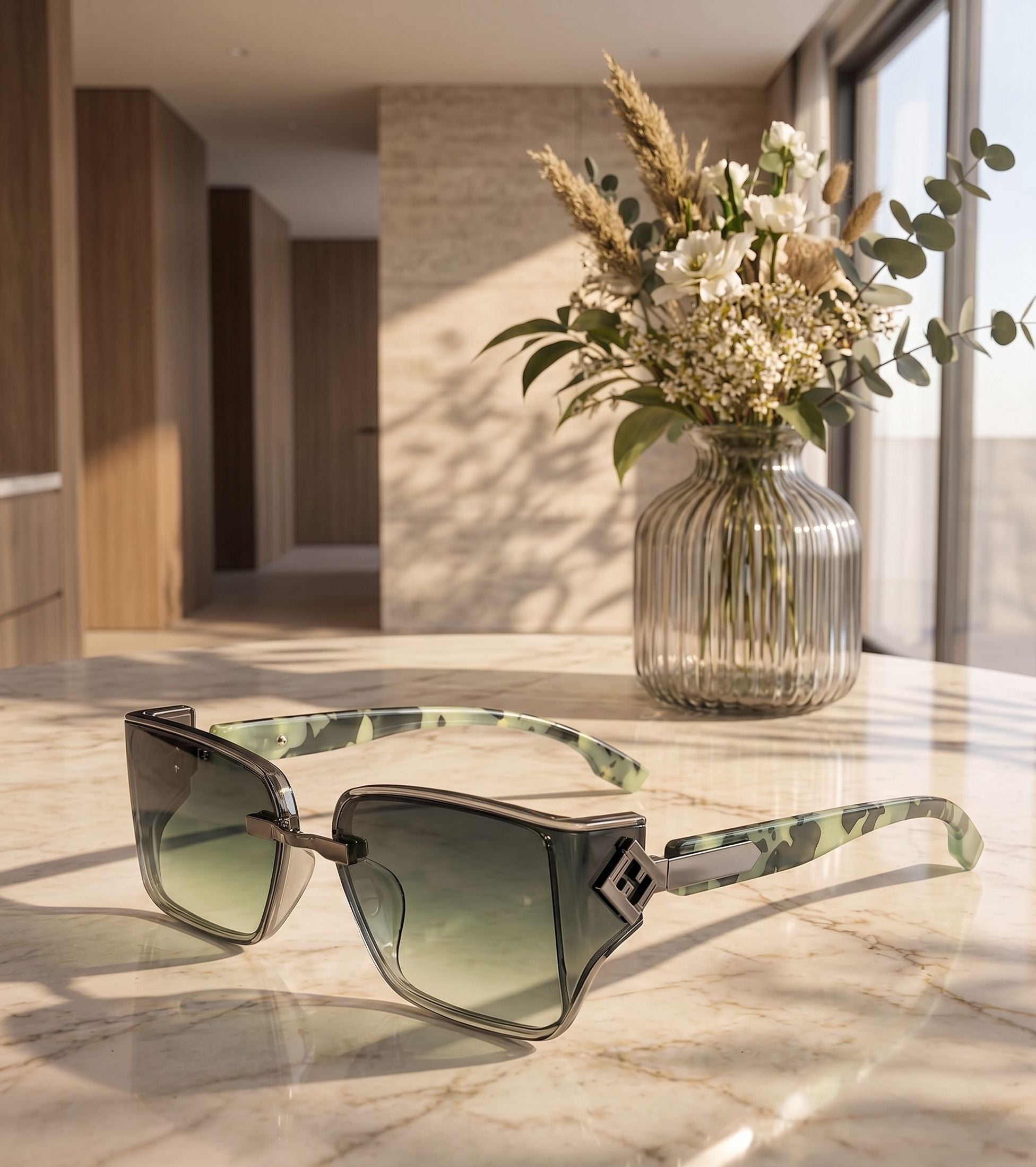 Sunglasses on a marble surface with a vase of flowers in the background