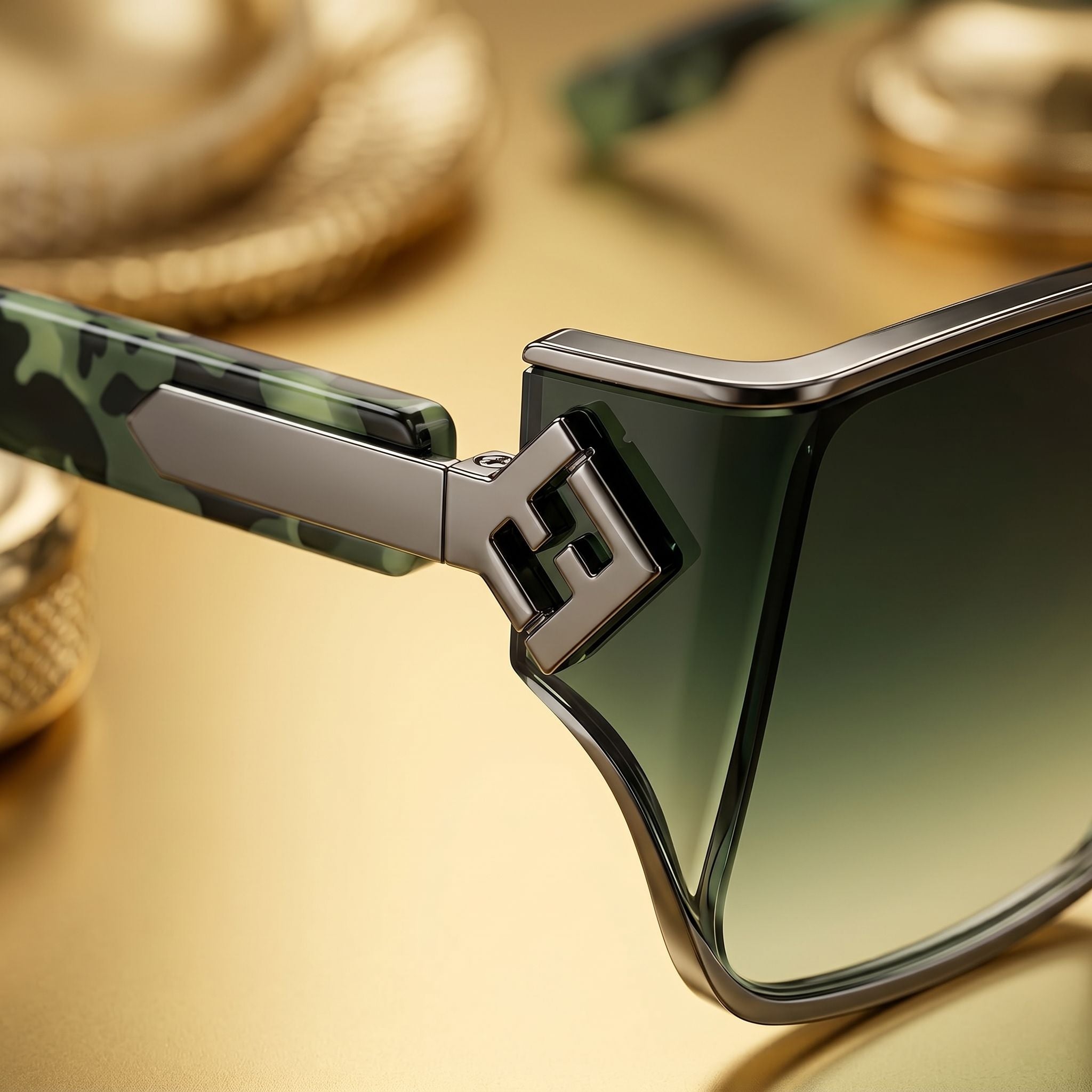 Sunglasses with a brand logo on a gold surface