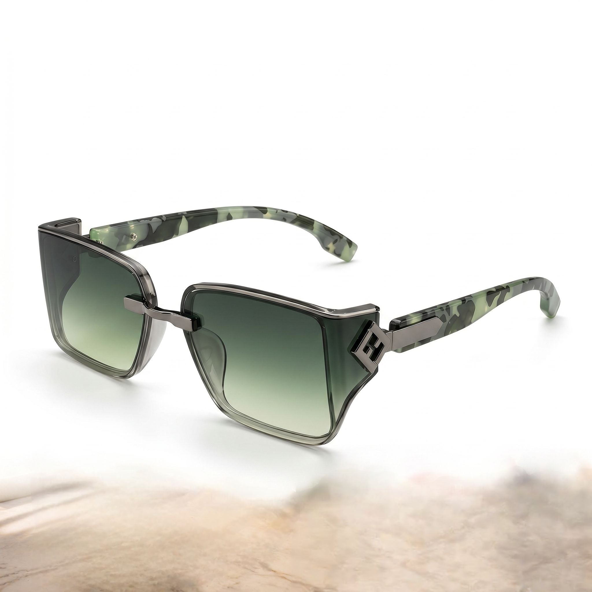 Sunglasses with green gradient lenses and camouflage frame on a reflective surface