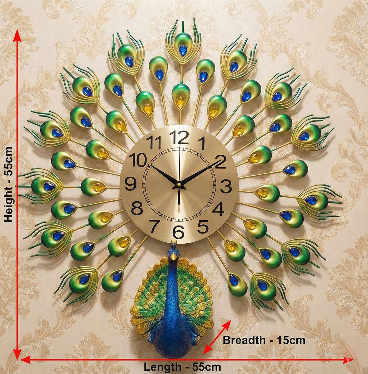 Premium Peacock Design Decorative Wall Clock for Home Decor - Big Size (55cm x 55cm)