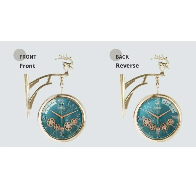 Teal clock with gold frame showing front and reverse views on a white background