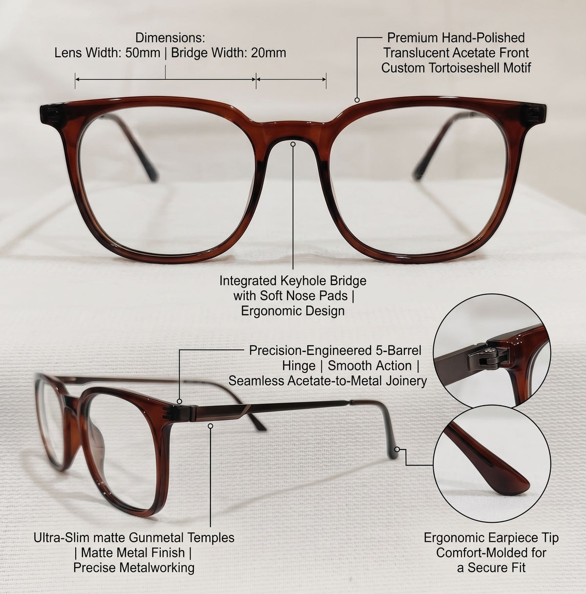 Technical details of brown transparent eyeglasses