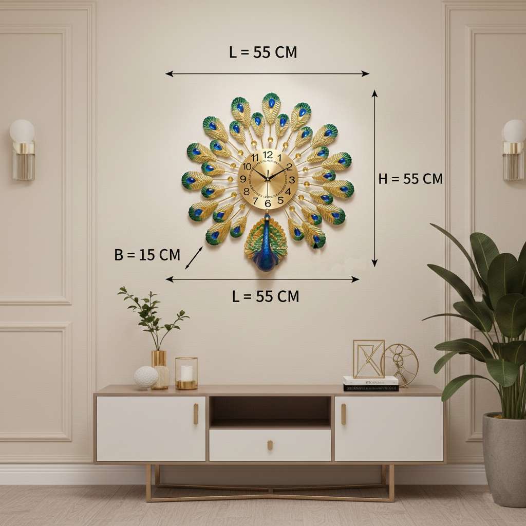 Technical image of the Peacock Wall Clock showing dimensions: 55 x 15 x 55 CM