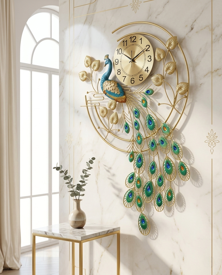 Decorative peacock wall clock on a marble wall with a window in the background