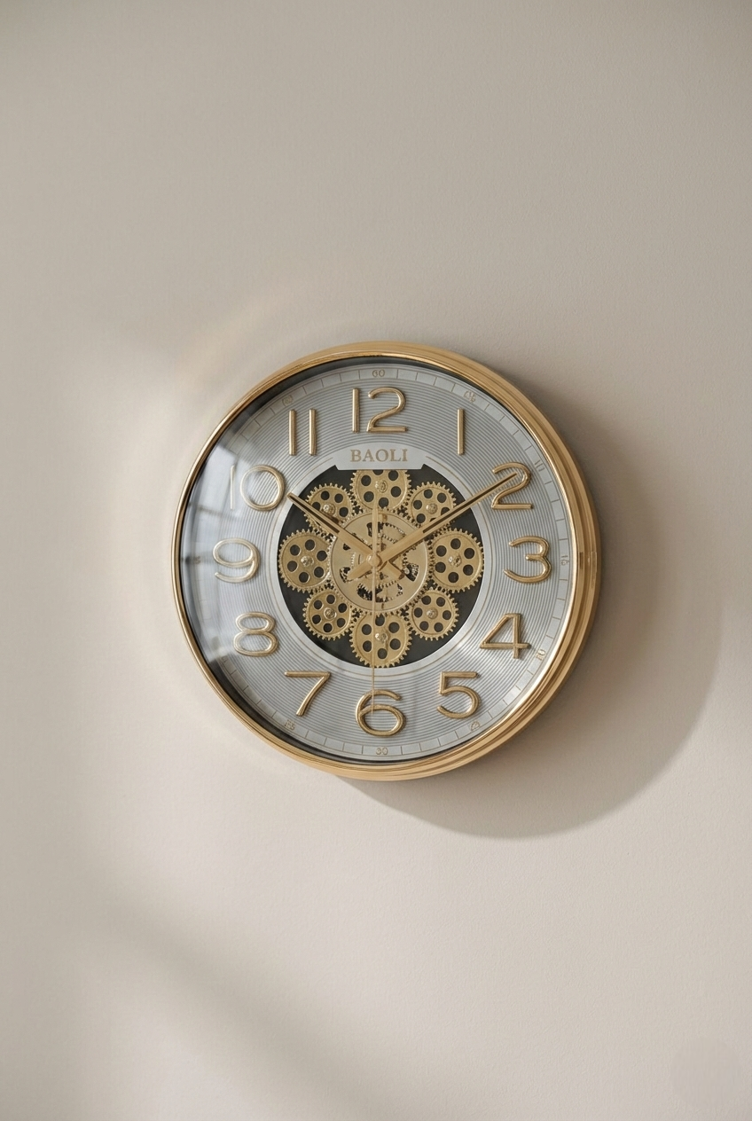 Decorative wall clock with gear design on a beige wall