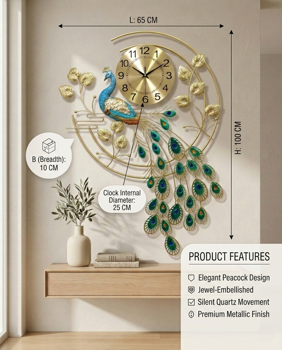 Decorative wall clock with peacock design and measurements on a neutral background