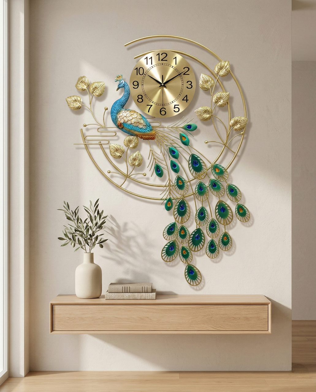 Decorative wall clock with peacock design on a wall above a wooden shelf.