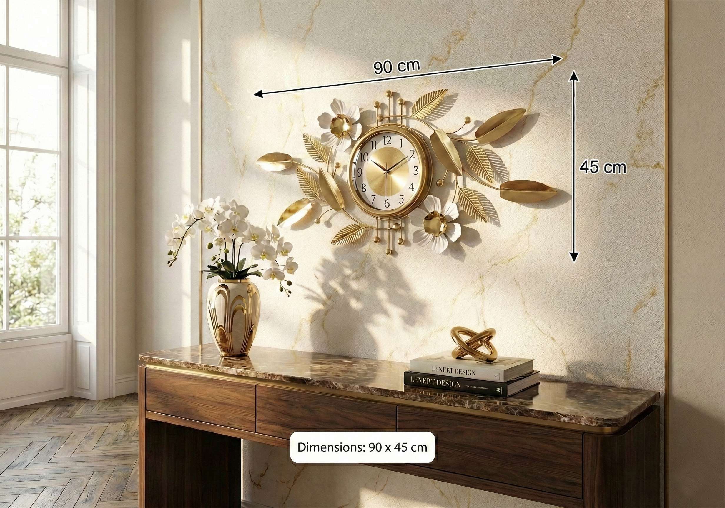Decorative wall clock with floral design on a marble wall, with dimensions indicated. Luxury gold and white floral metal wall clock 90x45cm