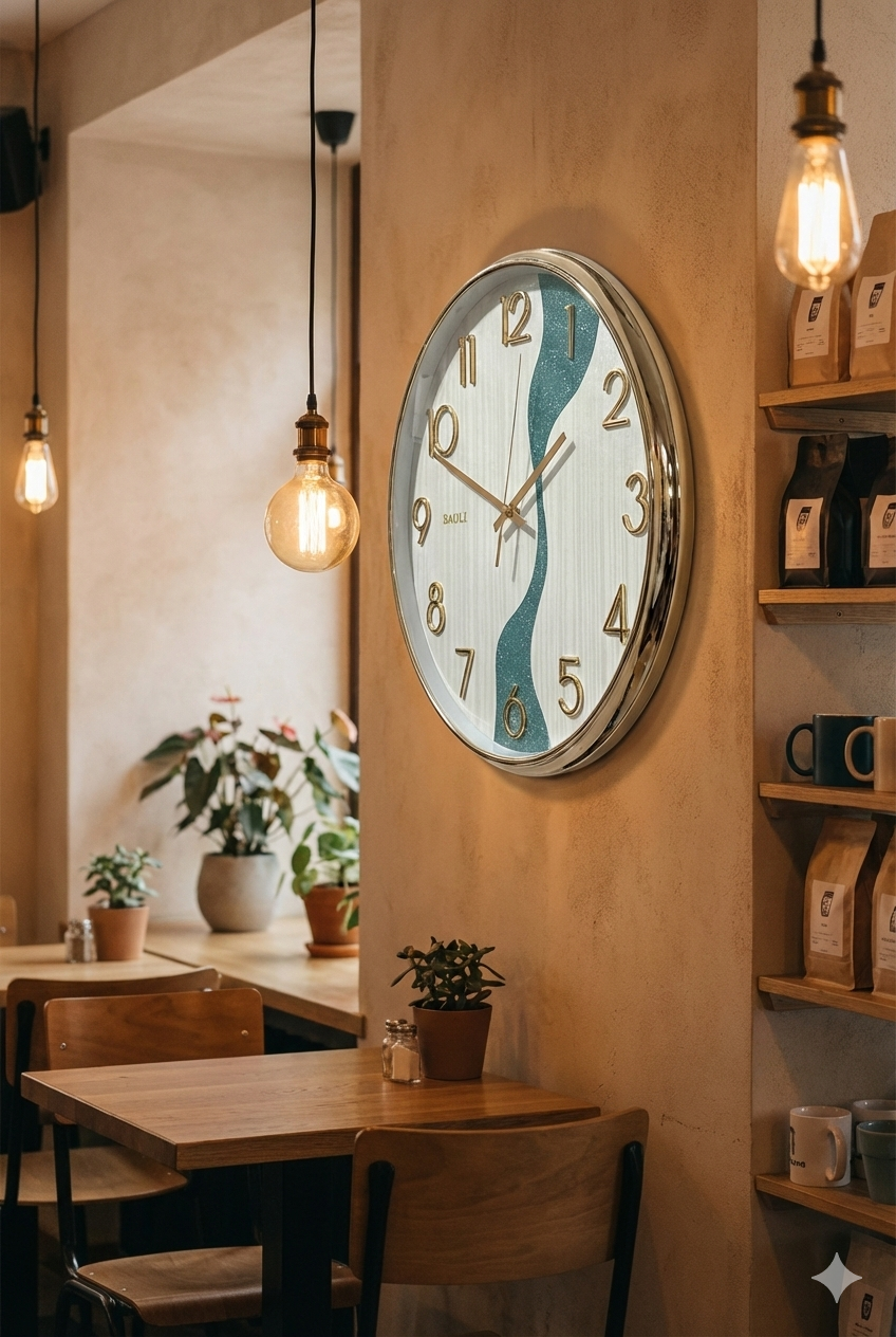 Wall clock with a decorative design in a cozy cafe setting