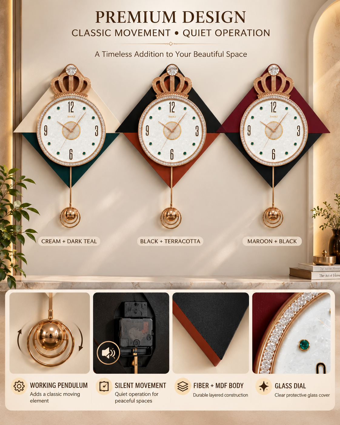 Three decorative wall clocks with crown motifs are shown hanging in an interior setting, with text labels for cream/dark teal, black/terracotta, and maroon/black color combinations. Smaller detail panels at the bottom describe features like working pendulum, silent movement, fiber + MDF body, and glass dial.