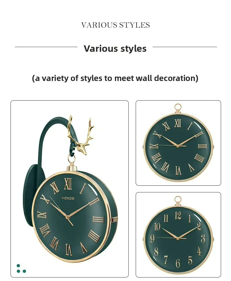 Three green wall clocks with gold accents on a white background