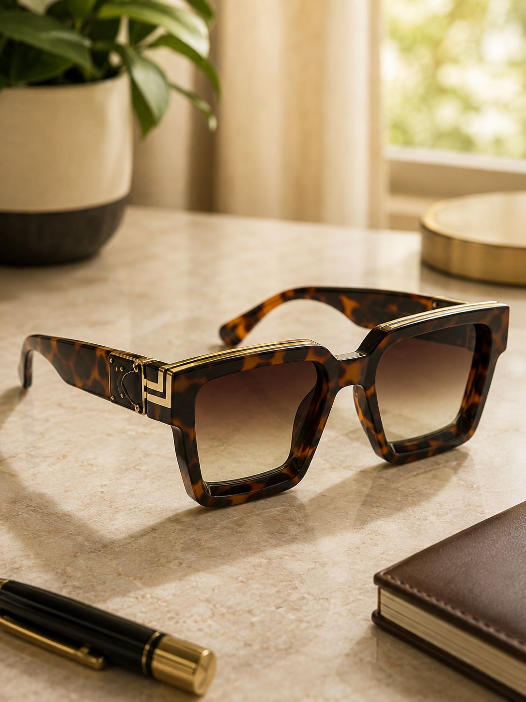Tortoiseshell square-frame sunglasses with gold metal accents and gradient lenses, resting on a beige stone tabletop next to a pen, notebook, and potted plant.