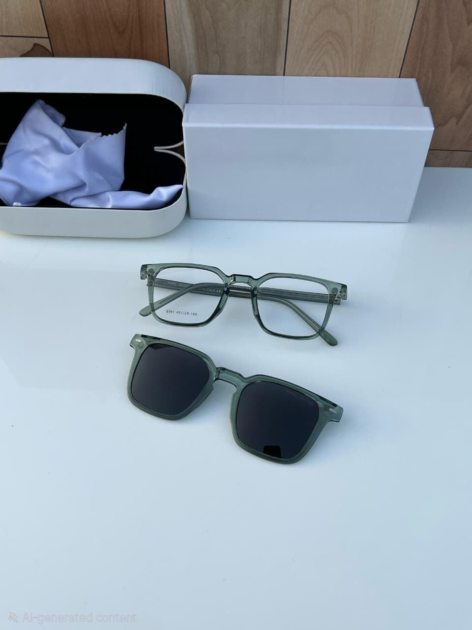 Transparent Grey/Green Base Frame Glasses next to the matching Clip-On Sunglass lens and case.