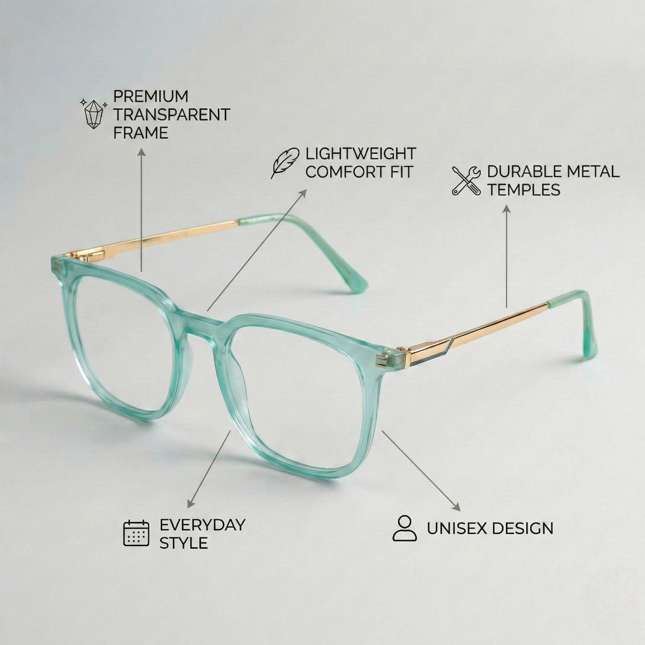 Transparent mint green eyeglasses highlighting lightweight frame and metal temples
