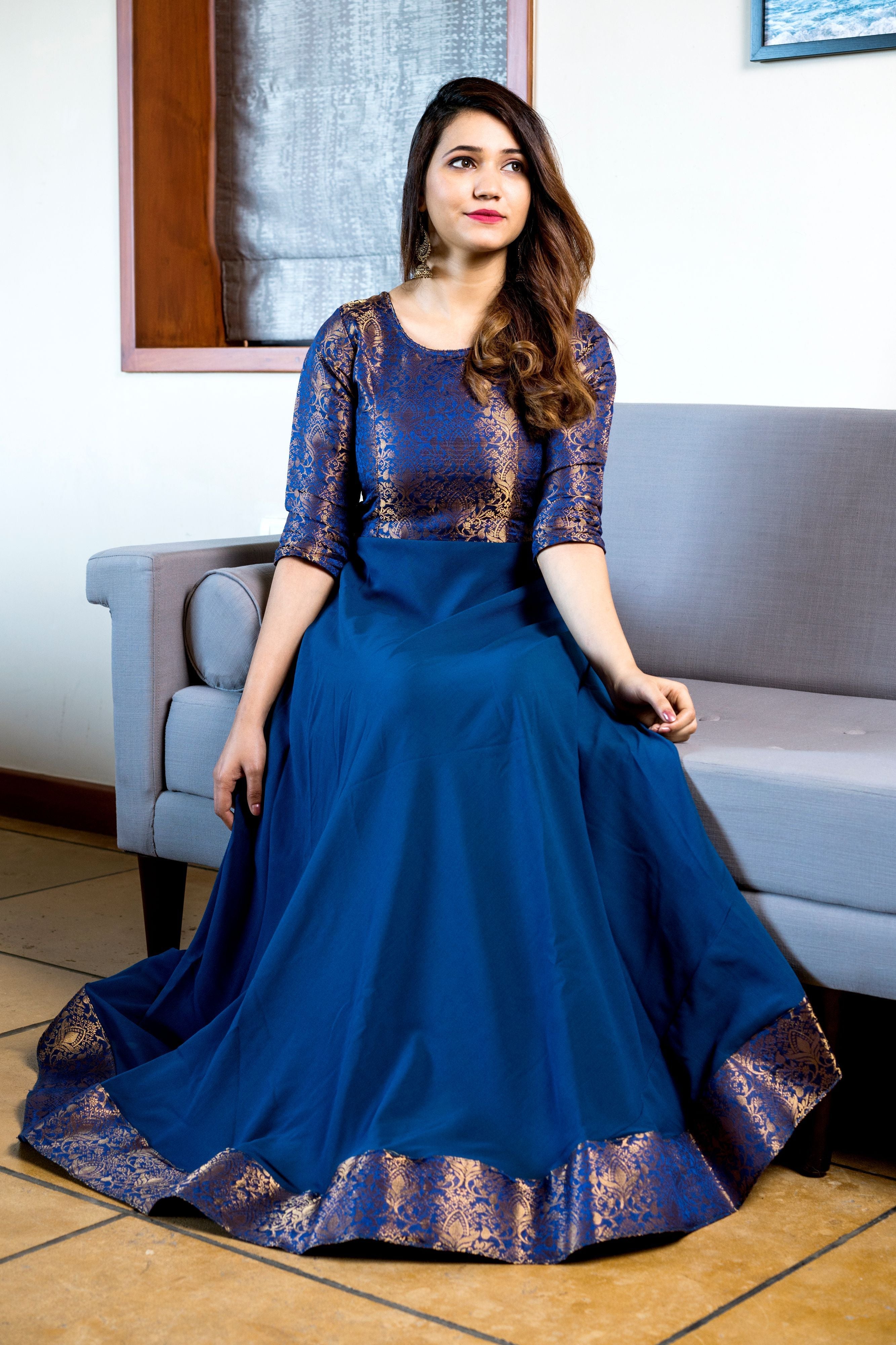 Turquoise Blue Woven Designer Wear Floor Length Gown- Adiba Fashion