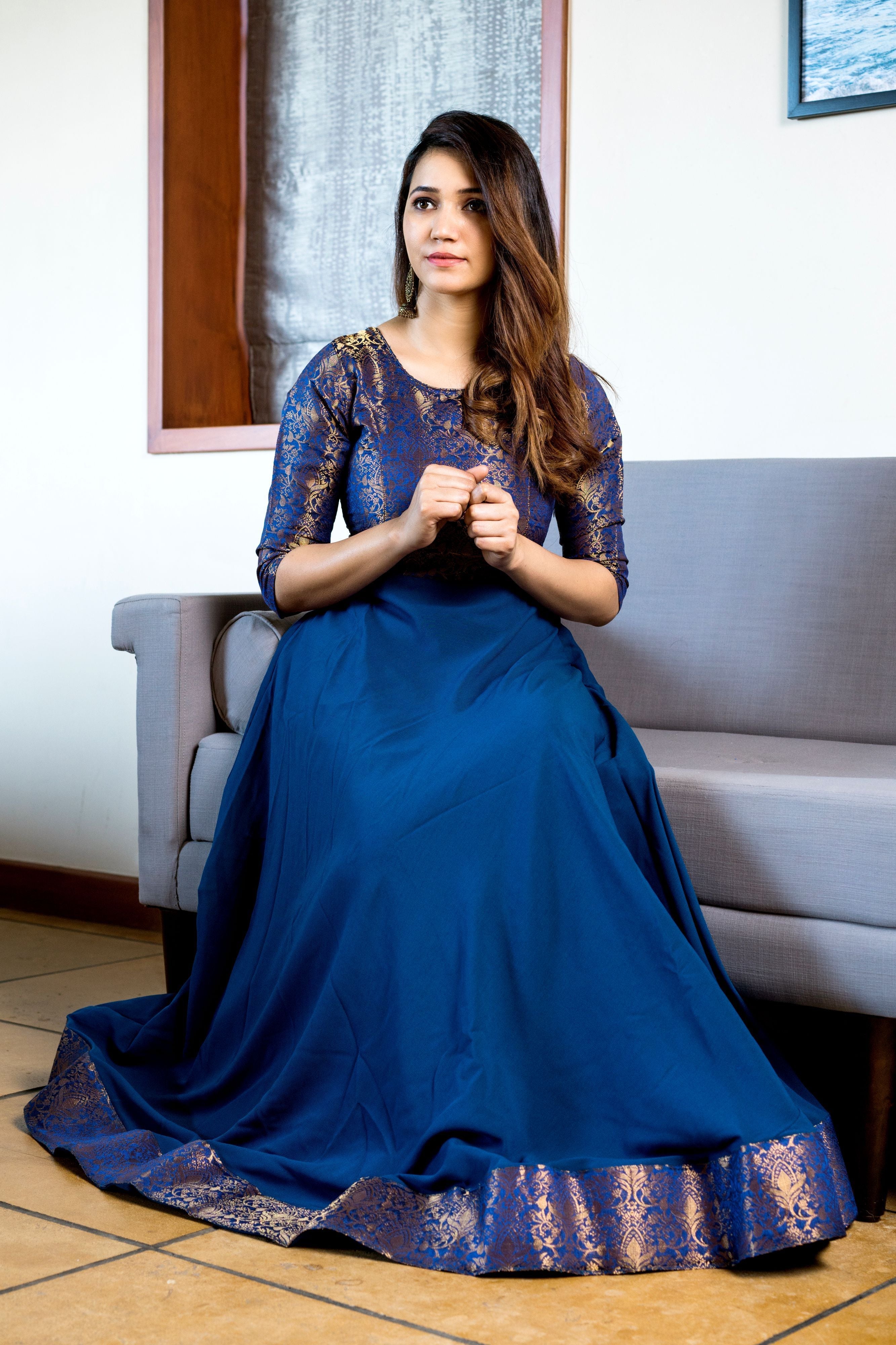 Turquoise Blue Woven Designer Wear Floor Length Gown- Adiba Fashion