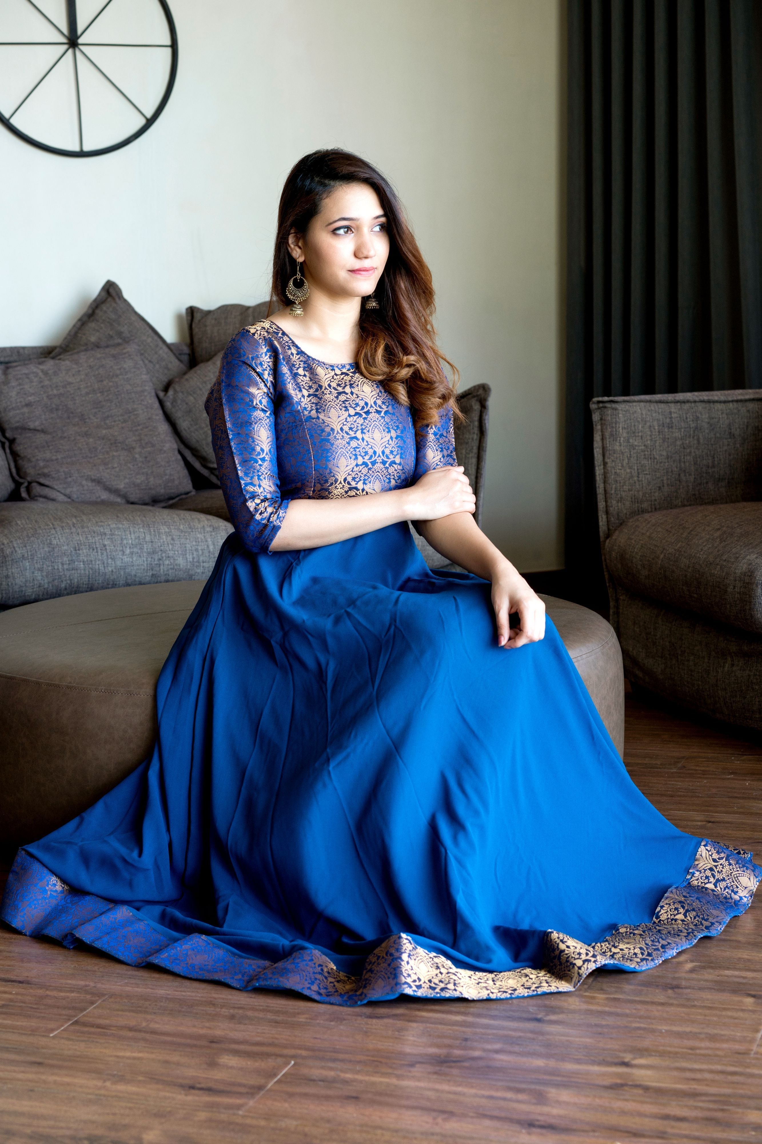 Turquoise Blue Woven Designer Wear Floor Length Gown- Adiba Fashion