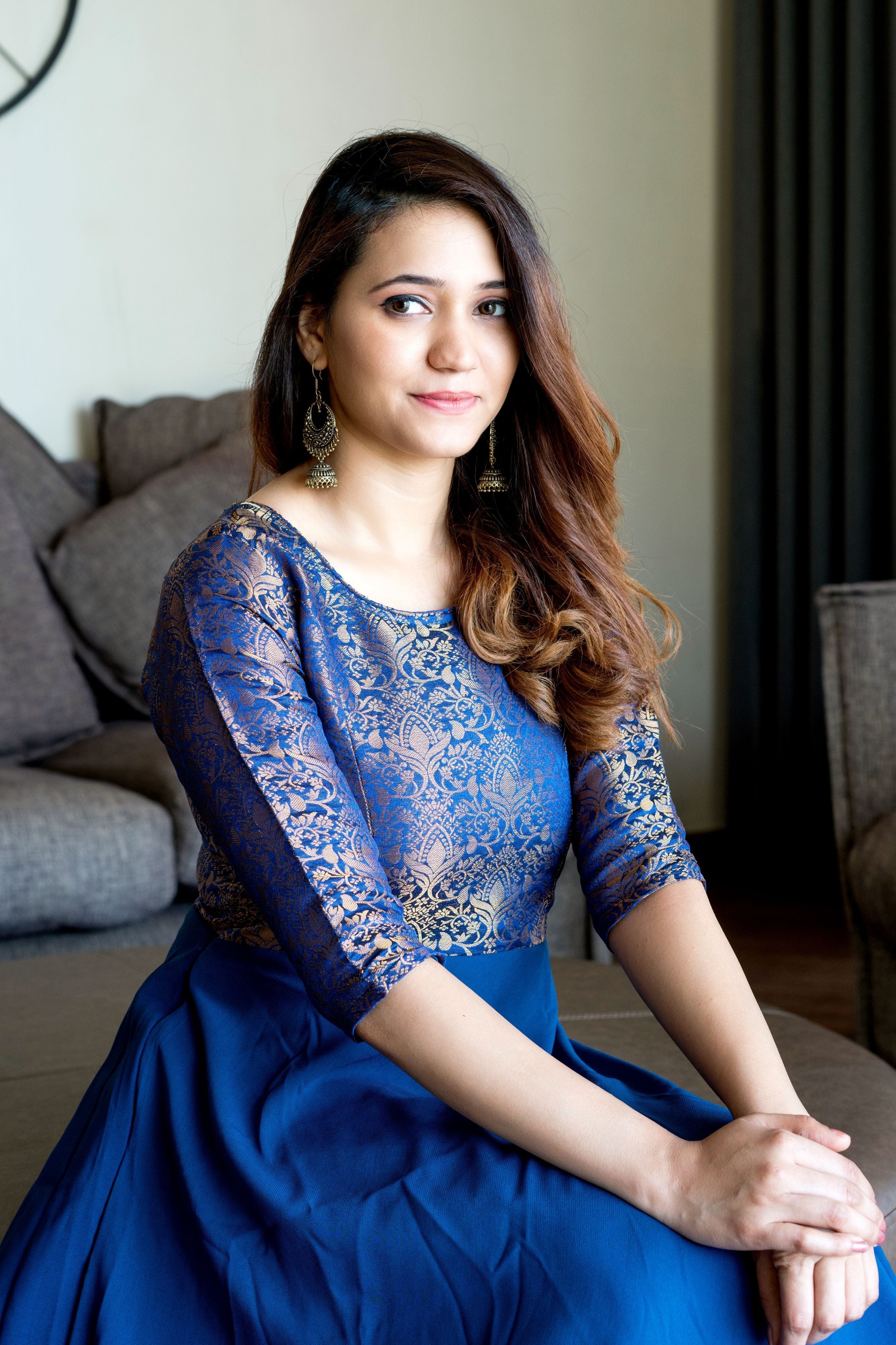 Turquoise Blue Woven Designer Wear Floor Length Gown- Adiba Fashion