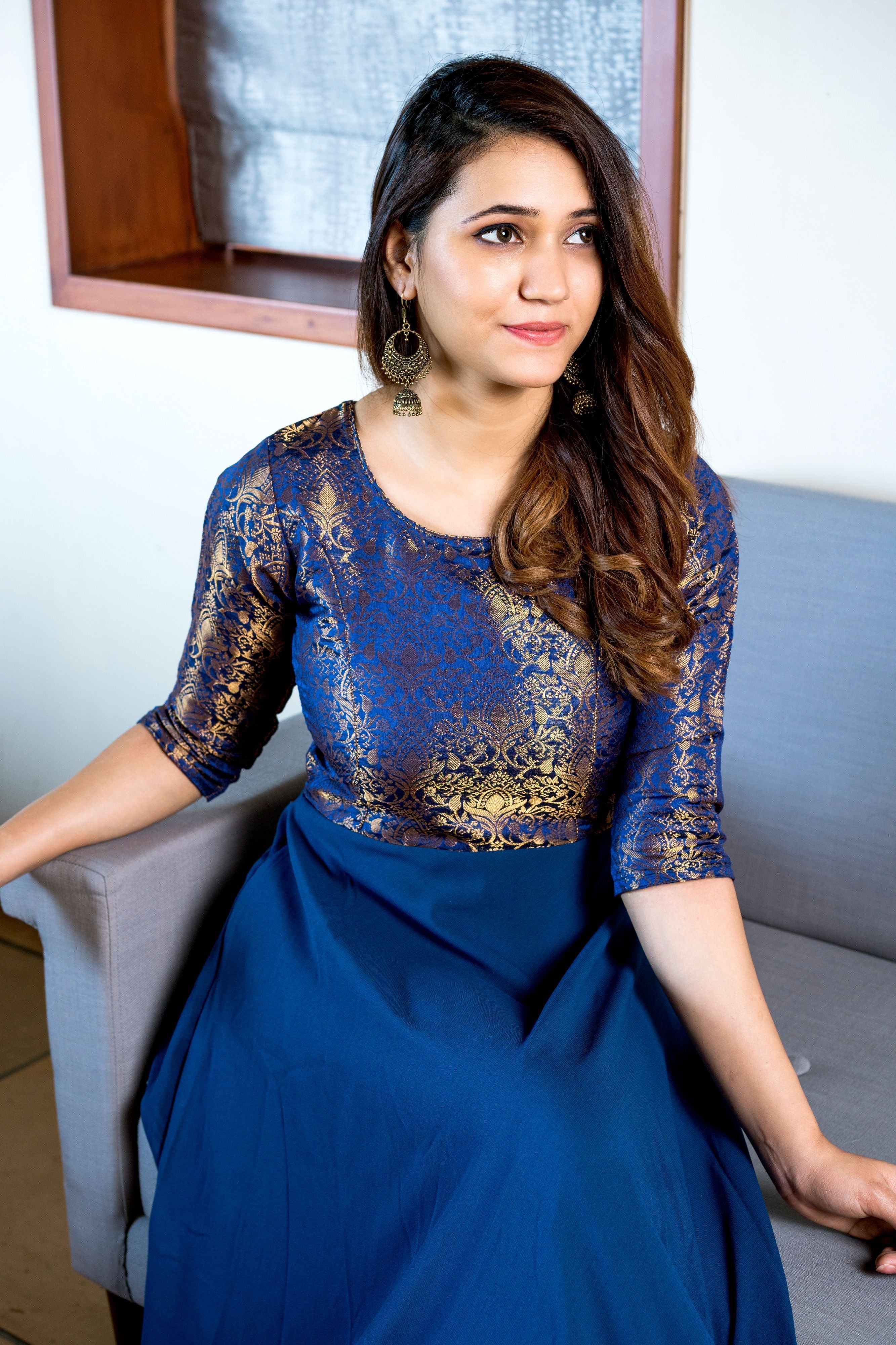 Turquoise Blue Woven Designer Wear Floor Length Gown- Adiba Fashion