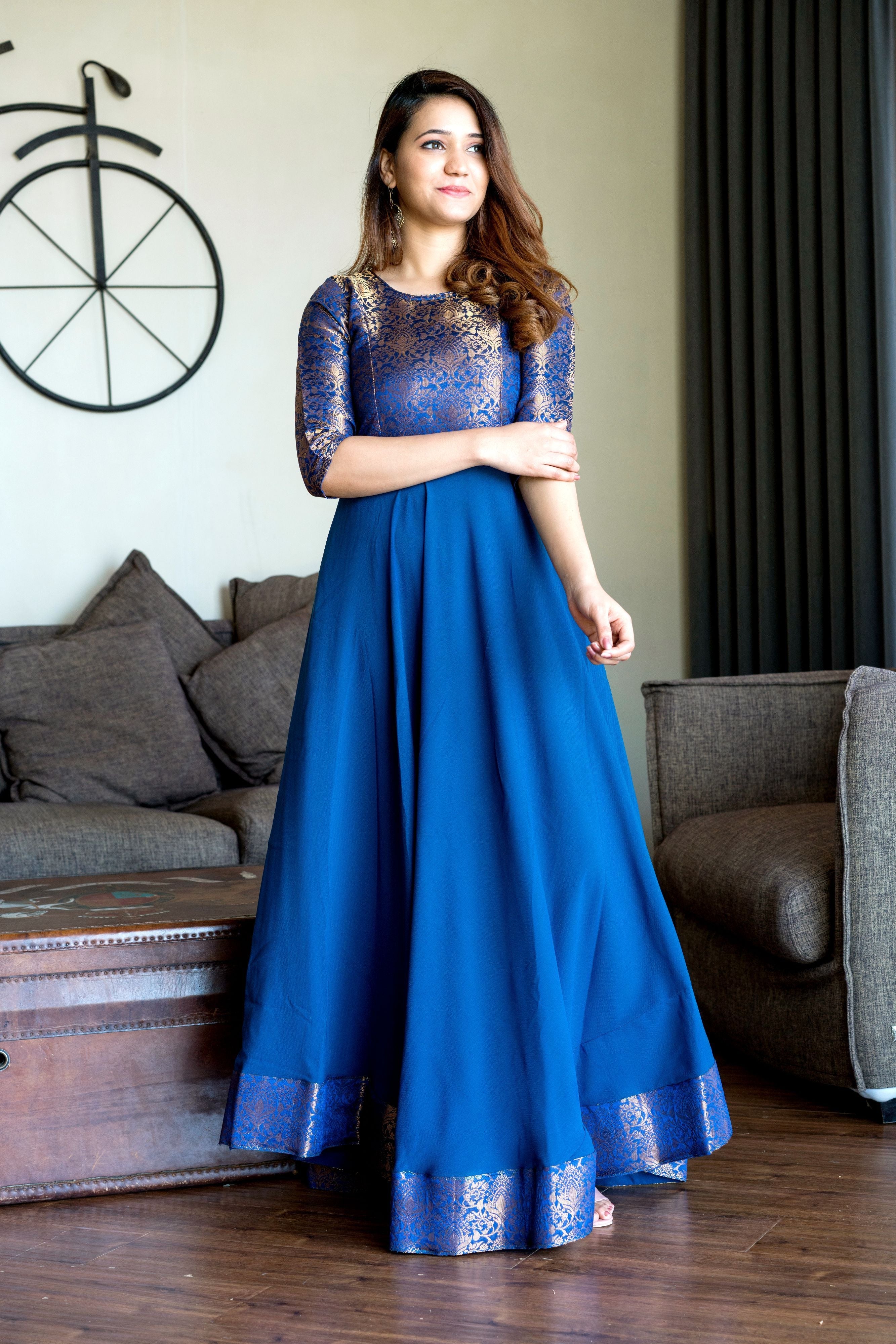 Turquoise Blue Woven Designer Wear Floor Length Gown- Adiba Fashion