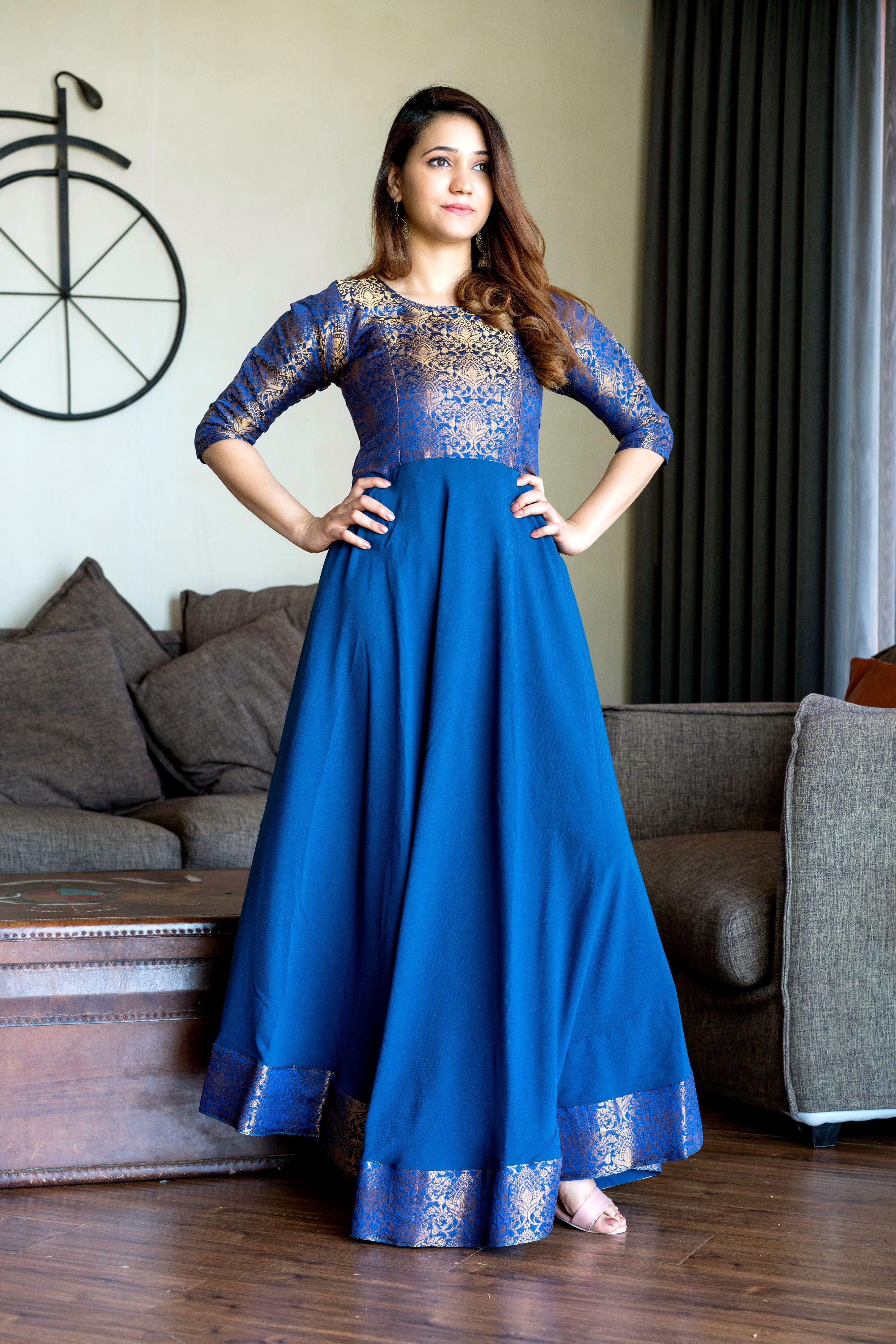 Turquoise Blue Woven Designer Wear Floor Length Gown- Adiba Fashion