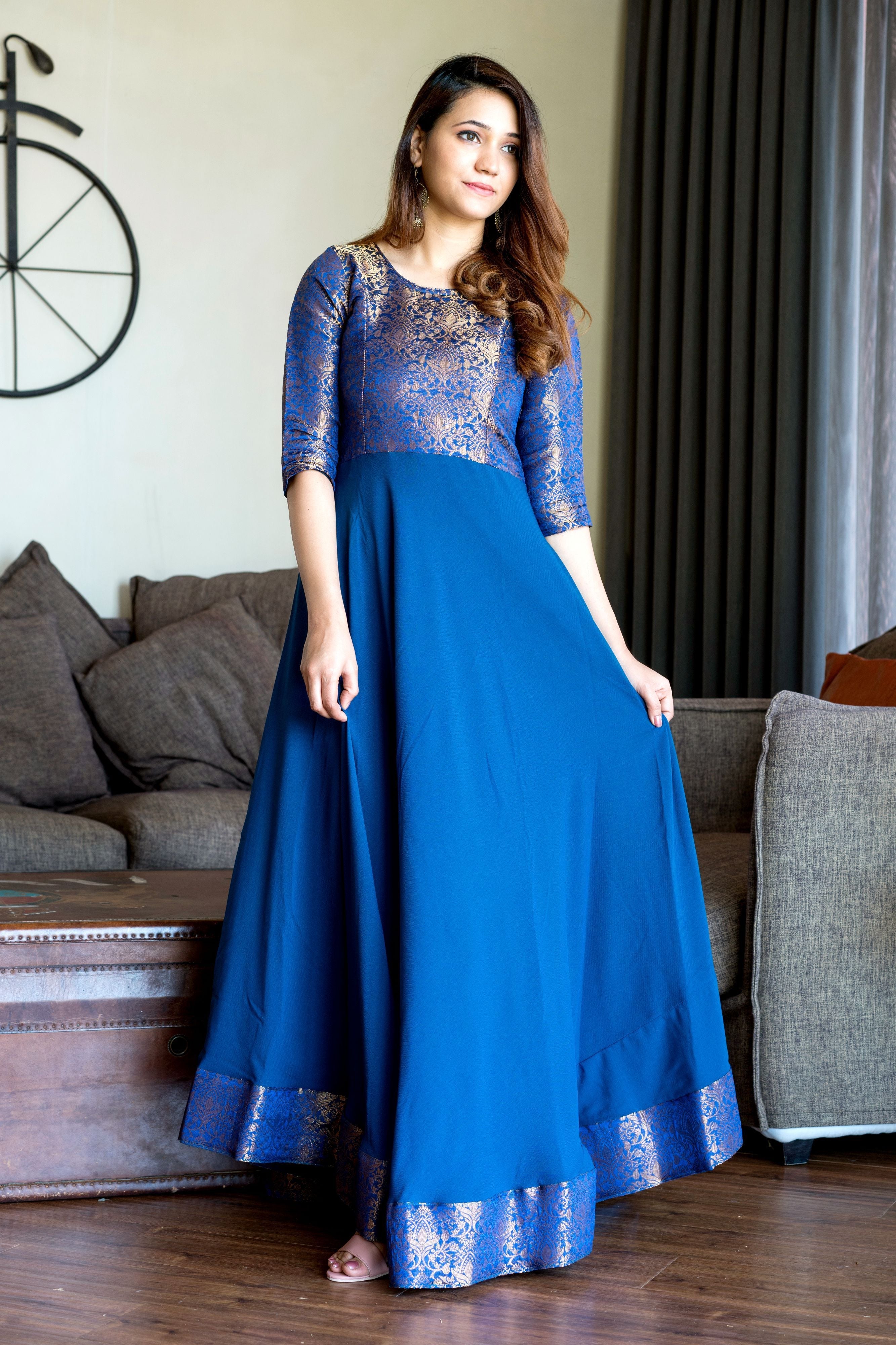 Turquoise Blue Woven Designer Wear Floor Length Gown- Adiba Fashion
