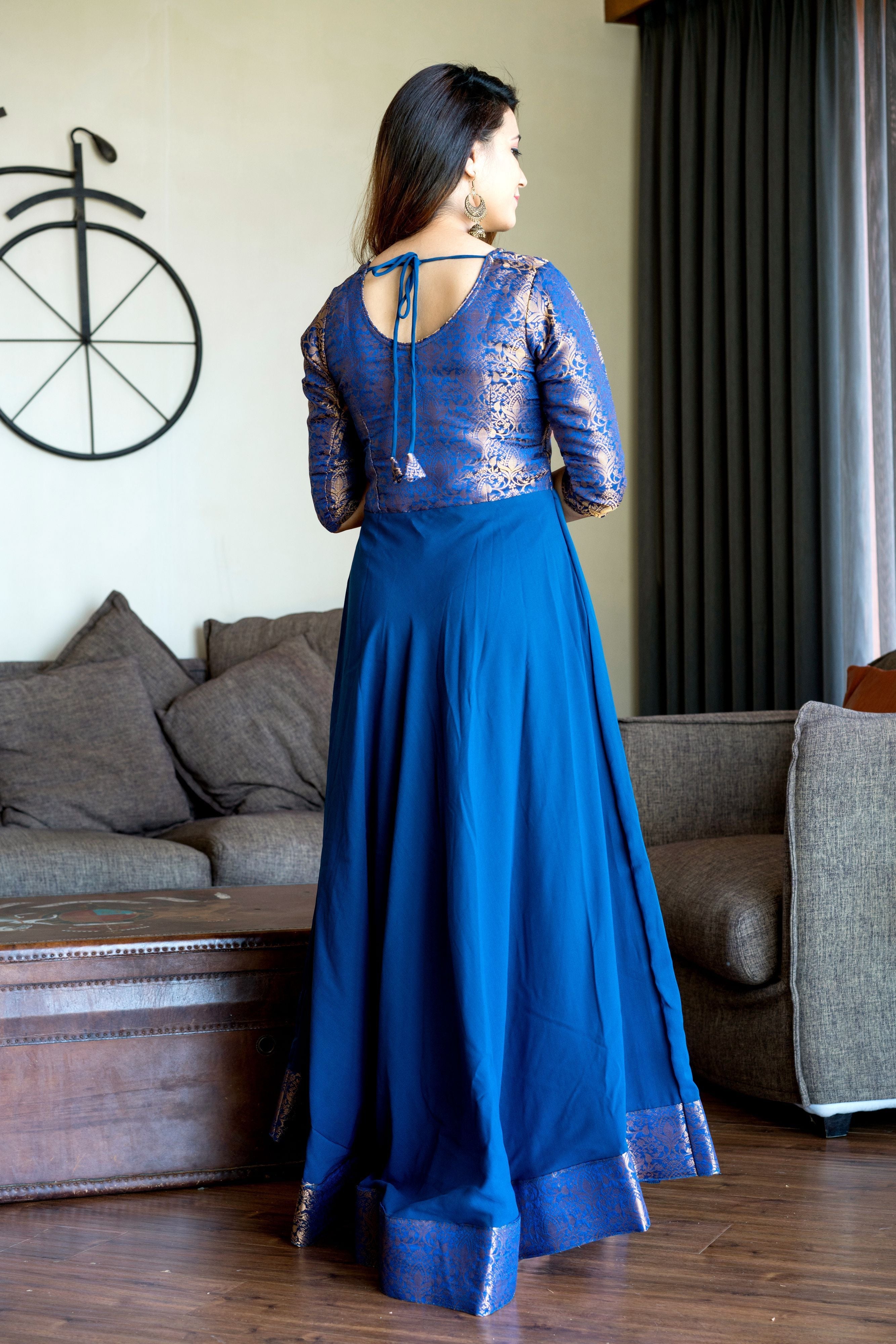 Turquoise Blue Woven Designer Wear Floor Length Gown- Adiba Fashion