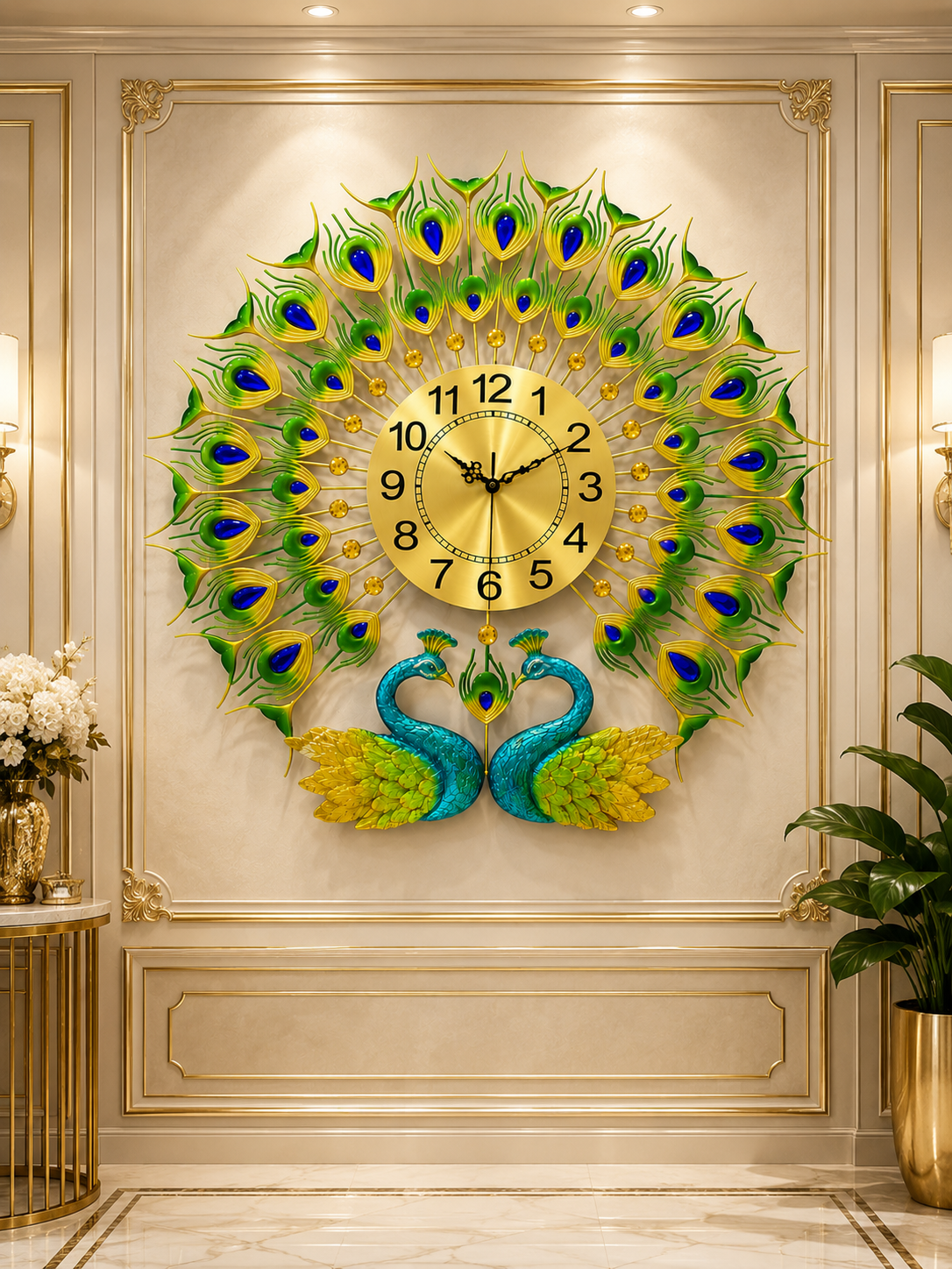 Twin peacock metal wall clock with ceramic peacock sculpture and crystal stone accents