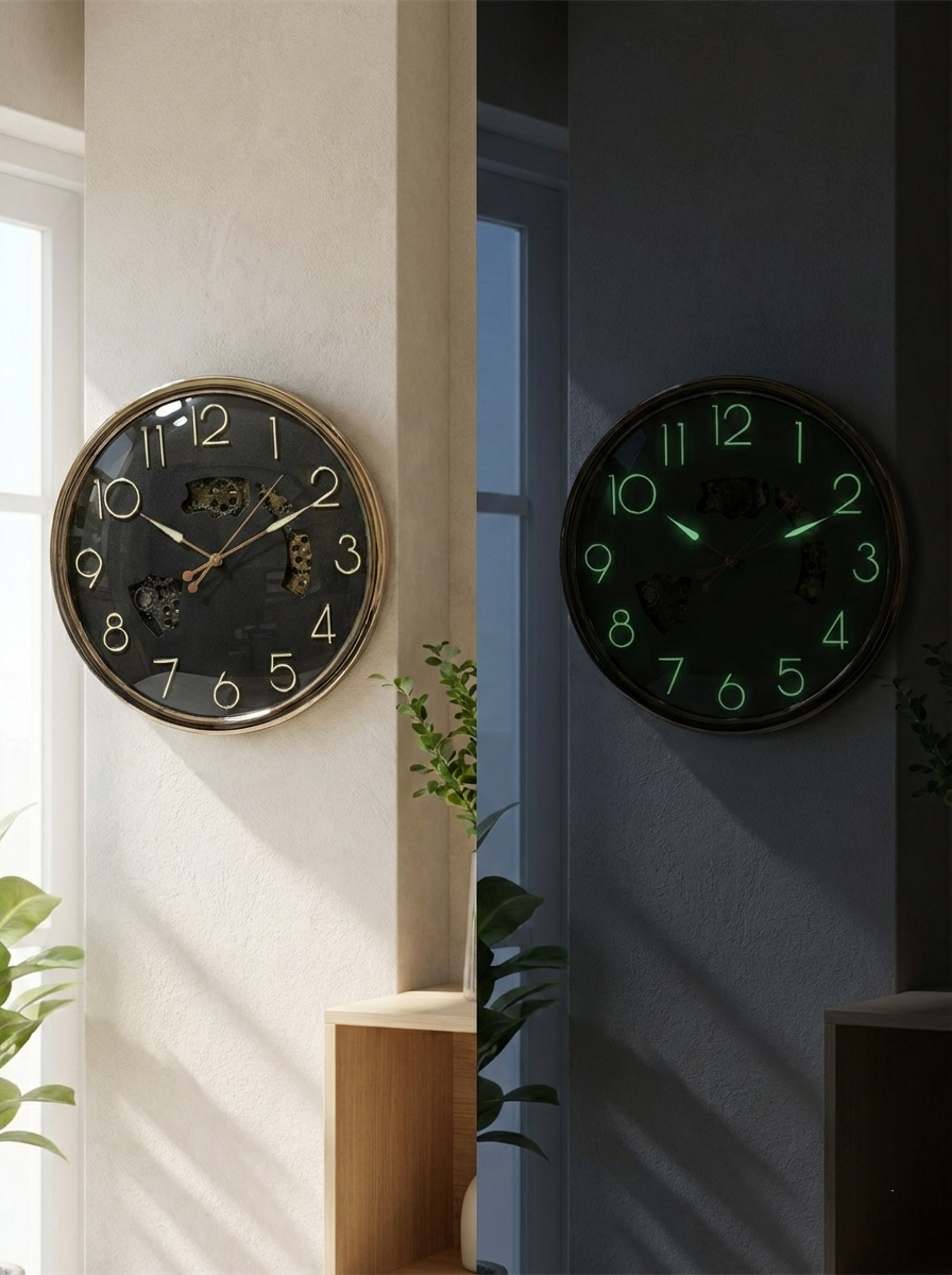 Two wall clocks, one traditional and one digital, on a wall with a plant in the background.