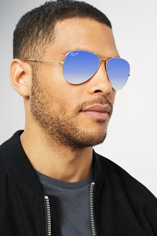 UV-Protected Gold Blue Gradient Aviator Sunglasses for Men & Women- FunkyTradition