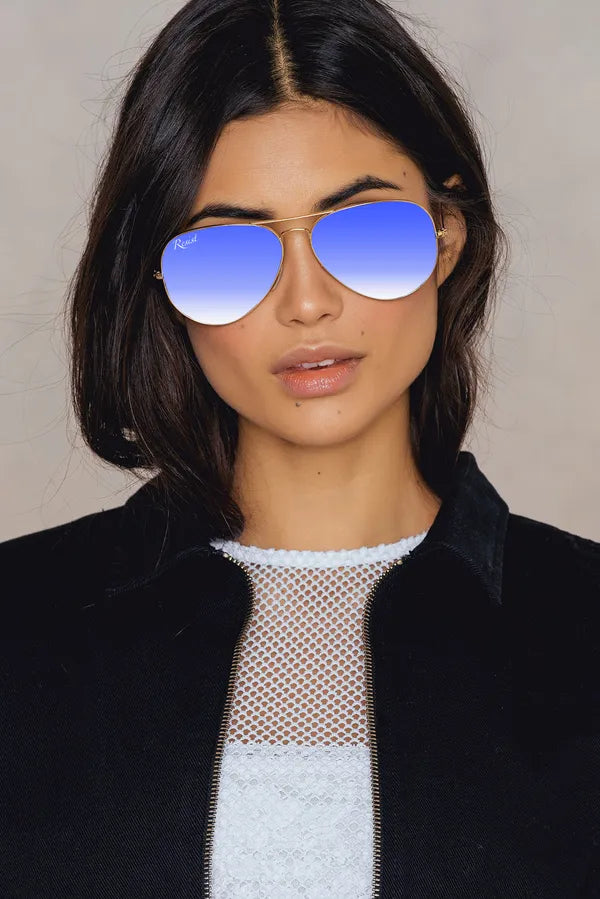 UV-Protected Gold Blue Reflector Gradient Aviator Sunglasses for Men & Women- FunkyTradition